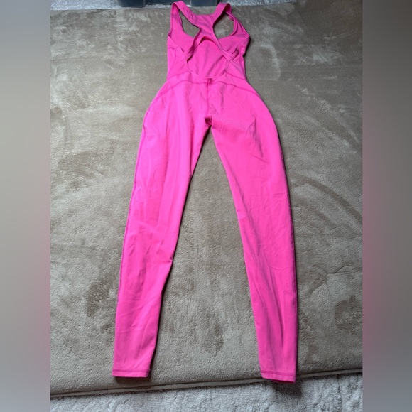 Neon Pink Women's One-Piece Active Jumpsuit Leggings - Picture 2 of 3